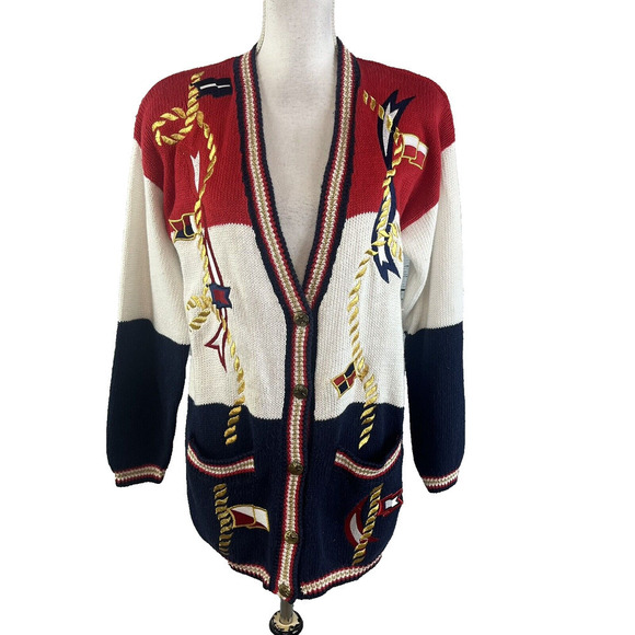 Vintage Karen Scott Cardigan Sweater size Small Red Blue Nautical Sailor Boating - Picture 1 of 10